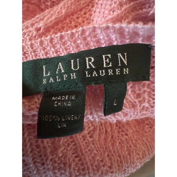 Women L Lauren Ralph Lauren 100% Linen Cable Knit Pink V-Neck Pullover Sweater - Picture 6 of 6